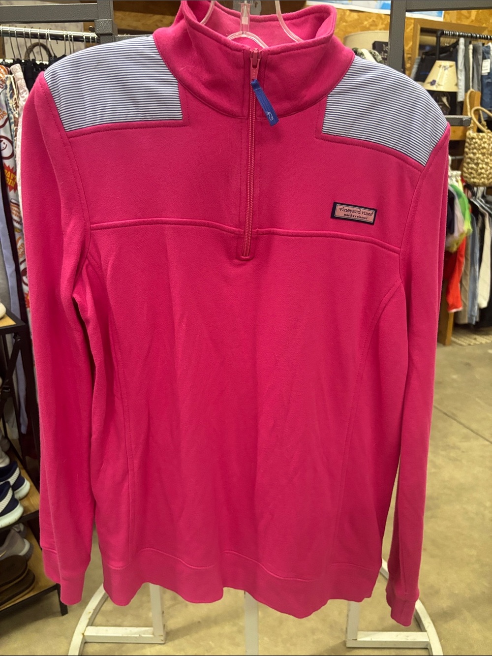 Vineyard Vines Hot Pink Quarter-Zip Pullover with Striped Shoulder Detail